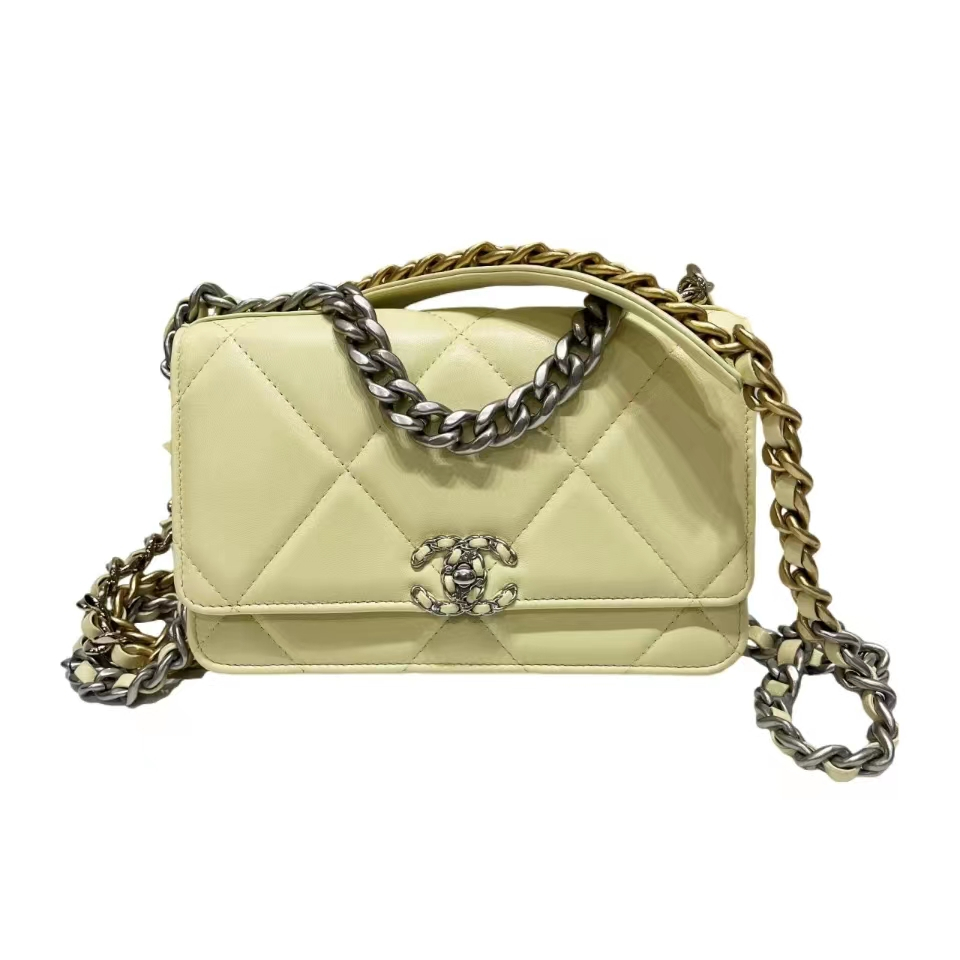 Chanel/19BagWOC Silver Label Diamond Chain/Sheepskin Shoulder Bag Women/กระเป๋าแท้ 100%