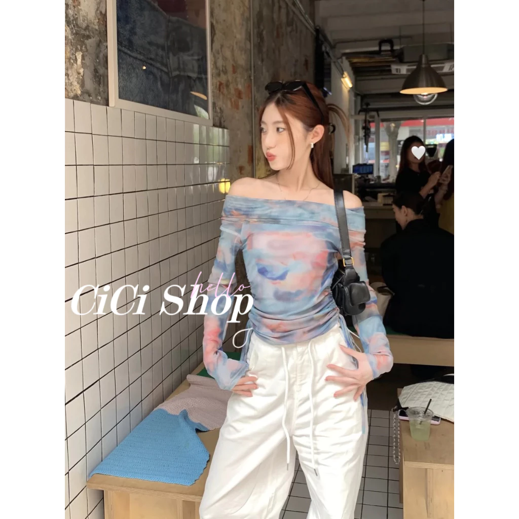 Cicishop(J1000)เสื้อแขนยาวปาดไหล่ผ้าซีทรู ดีเทลรูดข้าง สีสันสดใส