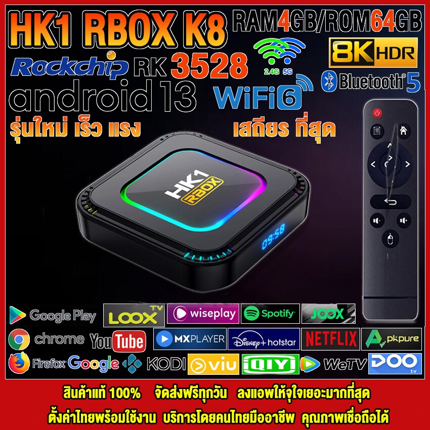 สุดยอดกล่องแอนดรอยด์ทีวี 8K รุ่นใหม่ปี 2023 Android TV Box HK1 RBOX K8 แรม4GB/64GB Amlogic ใหม่ RK3528 Android 13.0 887