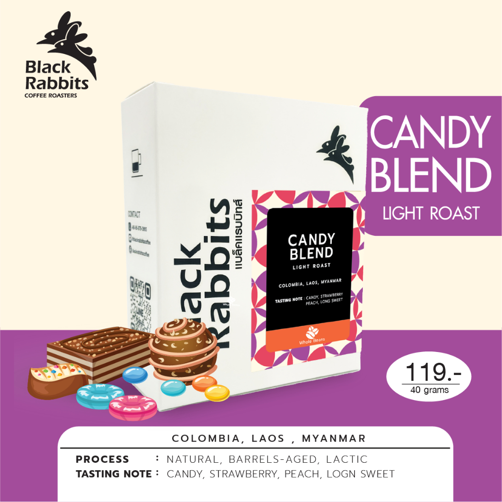 Black Rabbits เมล็ดกาแฟ คั่วอ่อน - CANDY BLEND 40 g.  กาแฟกลิ่น ลูกอม สตรอเบอรี่ พีช หวาน