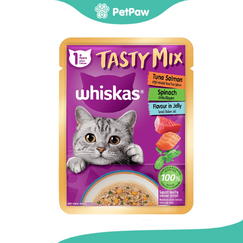 [ ไม่เข้าร่วมE-TAX] Whiskas Tasty Mix Adult อาหารเปียกสำหรับแมวโต รสทูน่า แซลมอน ผักโขมในเจลลี่ 70g.(70g.)