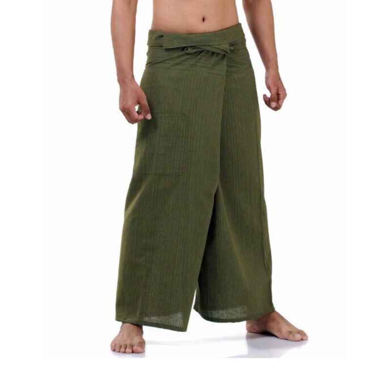 Thai Fisherman Pants Yoga Trousers, กางเกงเล สีเขียว ขนาดฟรีไซส์ ผ้าฝ้าย คอตตอน