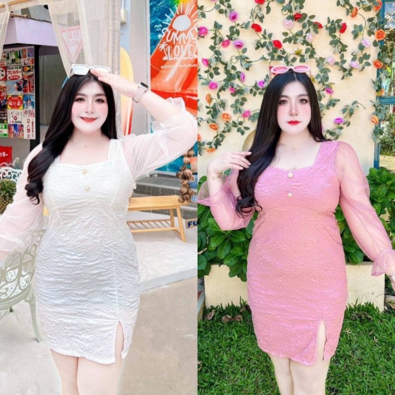 เดรสแขนชีฟองใส่ออกงานสาวอวบ