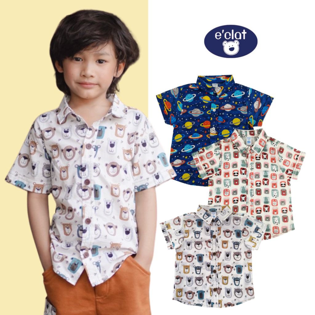 E'clat เสื้อเชิ๊ตคอปก แขนสั้น กระดุมหน้า ผ้าพิมพ์ลายทั้งตัว ผ้าcottonวูเว่น100%ผ้าไม่ยืด เนื้อนิ่ม ไม่หนา 7845-7973-7990