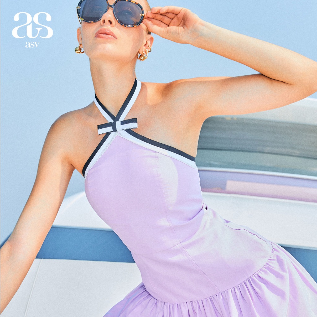 [asv ss24] Paulina Halterneck Dress เดรสผู้หญิง คล้องคอ ทรงบาน แต่งปีเก้ ตกแต่งติดโบว์ด้านหน้า