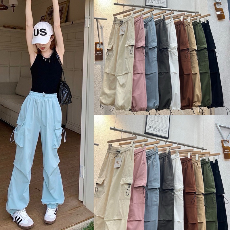 Gang_jeans#8137(K) กางเกงขายาวคาร์โก้ เชือกรูดหน้า