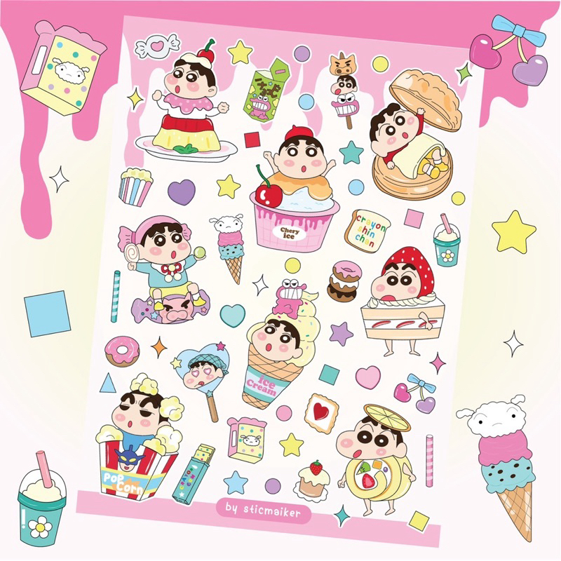 สติกเกอร์ pvc ลายชินจังแยมโรล สติกเกอร์ไดคัทพร้อมติด (ลงเรซิ่นทับได้) สีสวยคมชัด ไม่มีคราบกาว