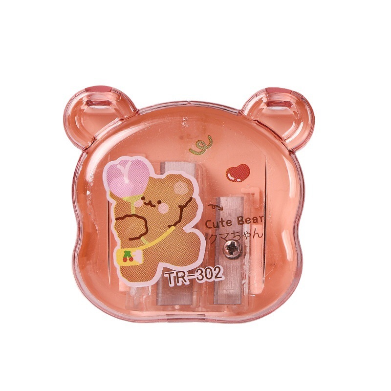 (P-208) กบเหลาดินสอ 2 ช่อง รูปหน้าหมี มีฝาปิด น่ารักมาก สีพาสเทลใส ใช้งานง่าย เหลาดินสอได้ดี คละสี