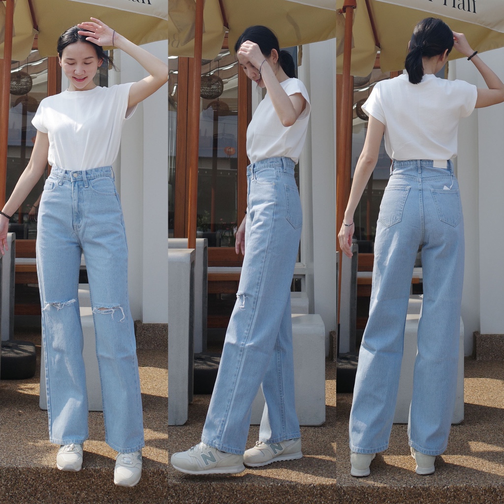 กางเกงยีนส์เอวสูงทรงกระบอกคลาสสิคขาดเข่า รุ่น Twinky Classy
