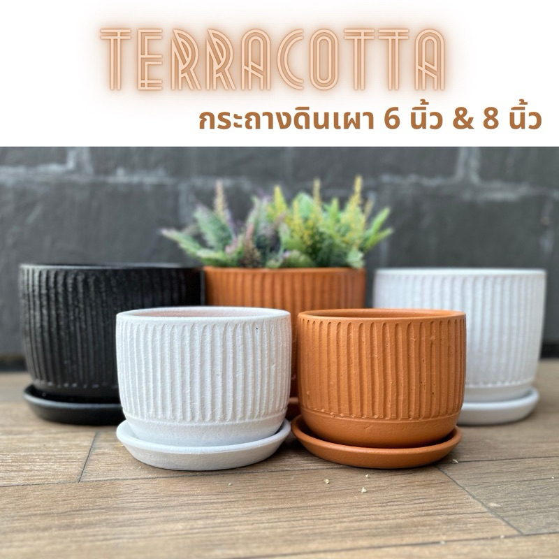 กระถางต้นไม้ทำจากดินเผาทาสี มี 2 ขนาดพร้อมจานรอง ขนาด 6“ และ 8" เหมาะกับการปลูกไม้ฟอกอากาศ ไม้มงคล