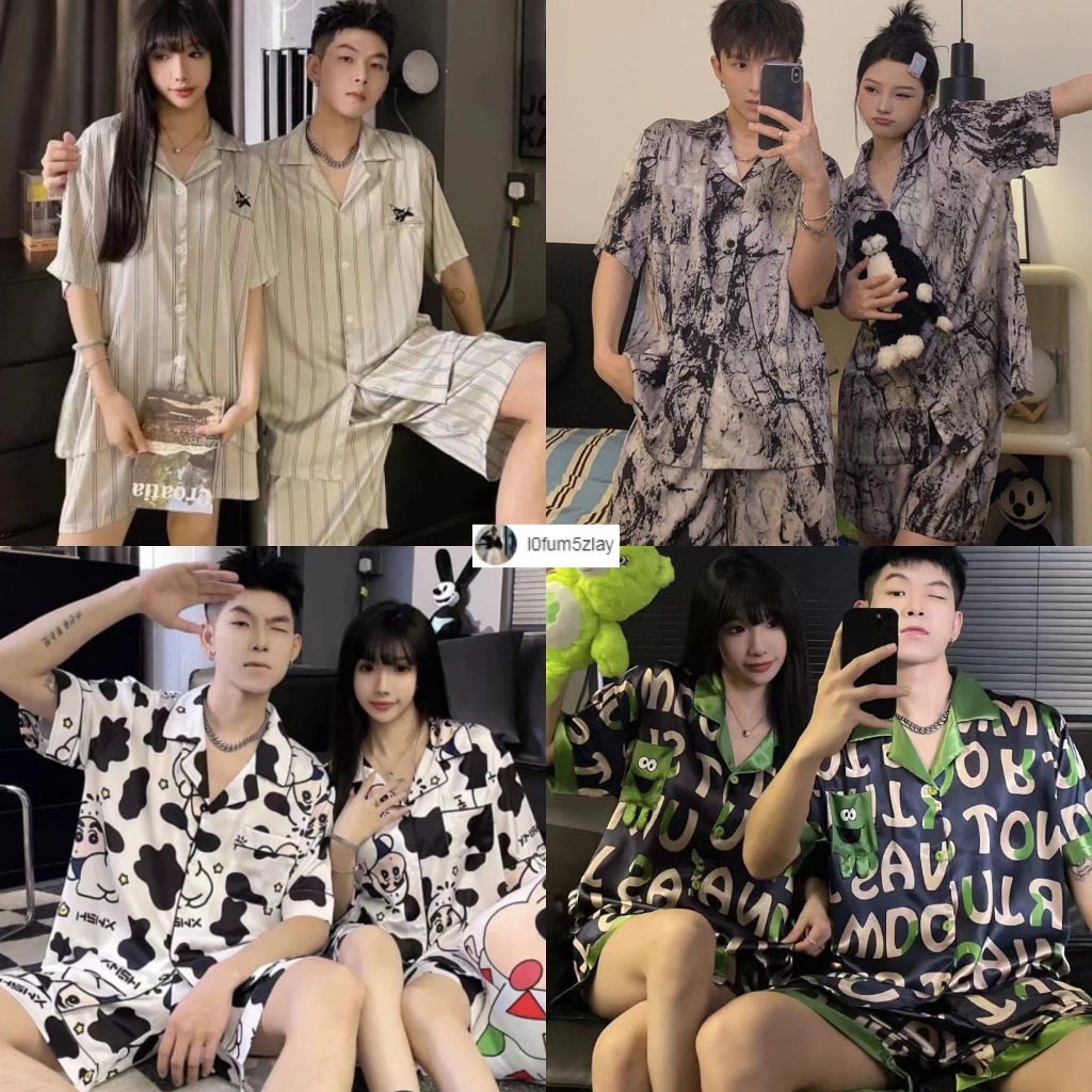 🧡M-3XL(ราคาถูกที่สุด) ชุดนอนผ้าซาติน， ชุดนอนสําหรับคู่รัก， ลายการ์ตูน， สวยงามและเป็นที่นิยม， ขาสั้น+เสื้อ