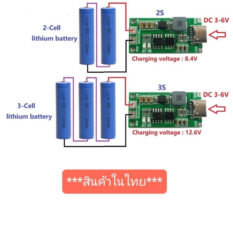 โมดูลชาร์จแบตเตอรี่ลิเธียม โพลิเมอร์  2S 3S  Type-C เป็น 8.4V 12.6V  ชาร์จเร็ว 2A