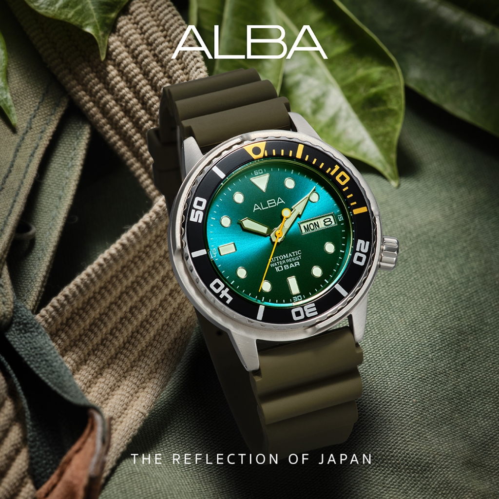 ALBA Mechanical Automatic นาฬิกาข้อมือผู้ชาย รุ่น AL4249X หน้าปัดสีเขียวขนาด 42.5 mm สายยางสีเขียว
