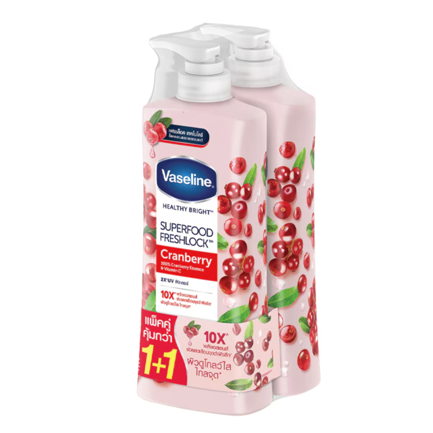 [แพ็คคู่สุดคุ้ม] Vaseline วาสลีนซุปเปอร์ฟู๊ด เฟรชล็อค แครนเบอร์รี โลชั่นผิวกระจ่างใส ขนาด 300 ml. x 2 ขวด