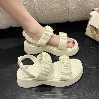 Luckkyshoes ของมันต้องมี รองเท้าแตะแฟชั่นแบบสวม ดีเทลสองสายคาด พร้อมสายรัดส้น พื้นนิ่มใส่สบาย หนา1.5นิ้ว หนาให้แบบกรุบๆ