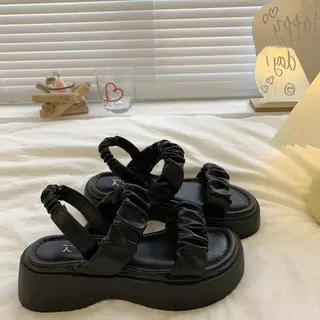 Luckkyshoes ของมันต้องมี รองเท้าแตะแฟชั่นแบบสวม ดีเทลสองสายคาด พร้อมสายรัดส้น พื้นนิ่มใส่สบาย หนา1.5นิ้ว หนาให้แบบกรุบๆ