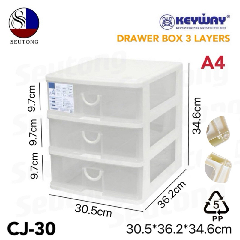 Keywayกล่องลิ้นชัก (ใส่A4ได้) ลิ้นชักอเนกประสงค์3ชั้น สีใส เเข็งเเรงทนทาน รุ่น CJ-30