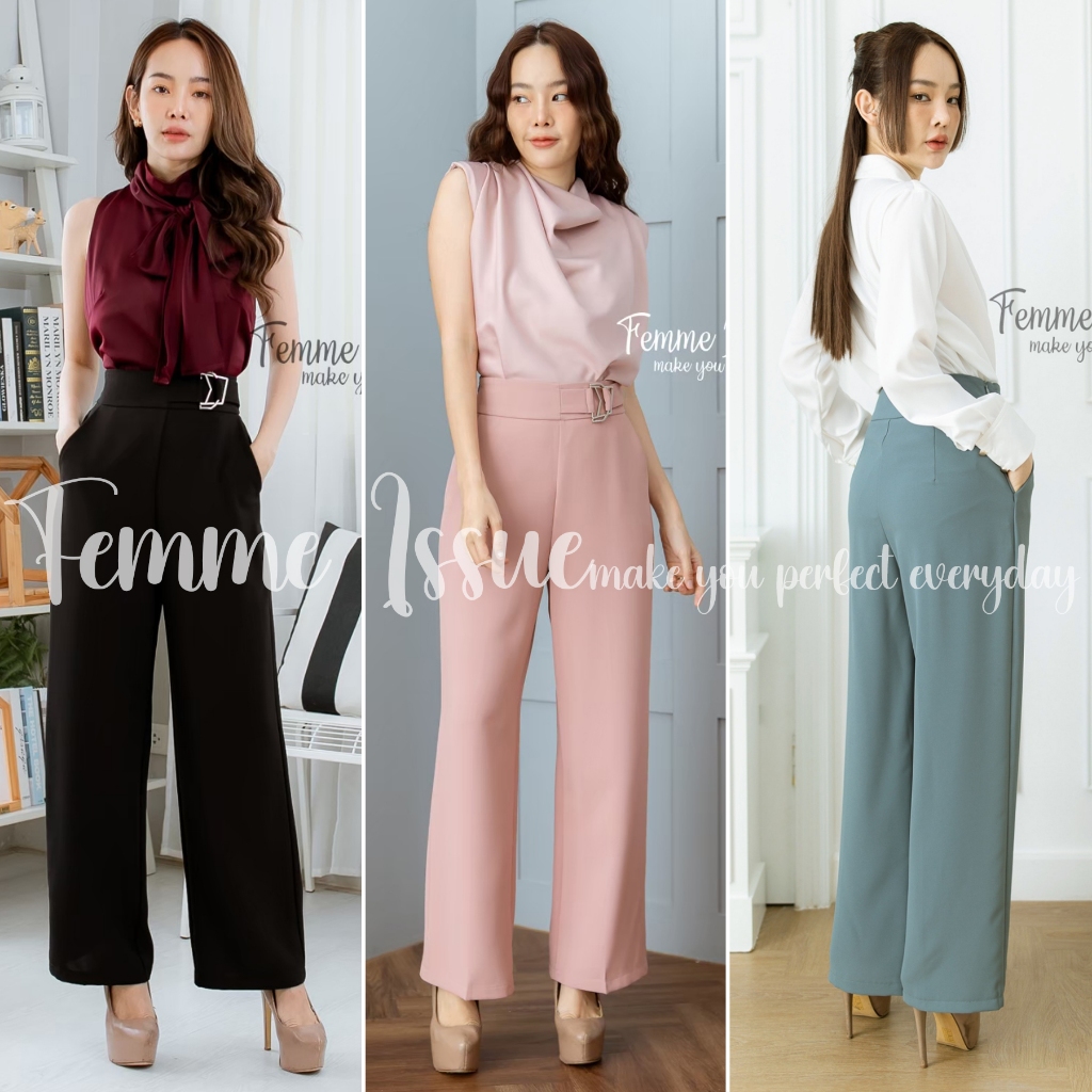 FEMME ISSUE กางเกงขากระบอกเอวสูง ชุดทำงาน ลำลอง เกรดพรีเมียม แต่งอะไหล่อย่างดี #70 สินค้าขายดี
