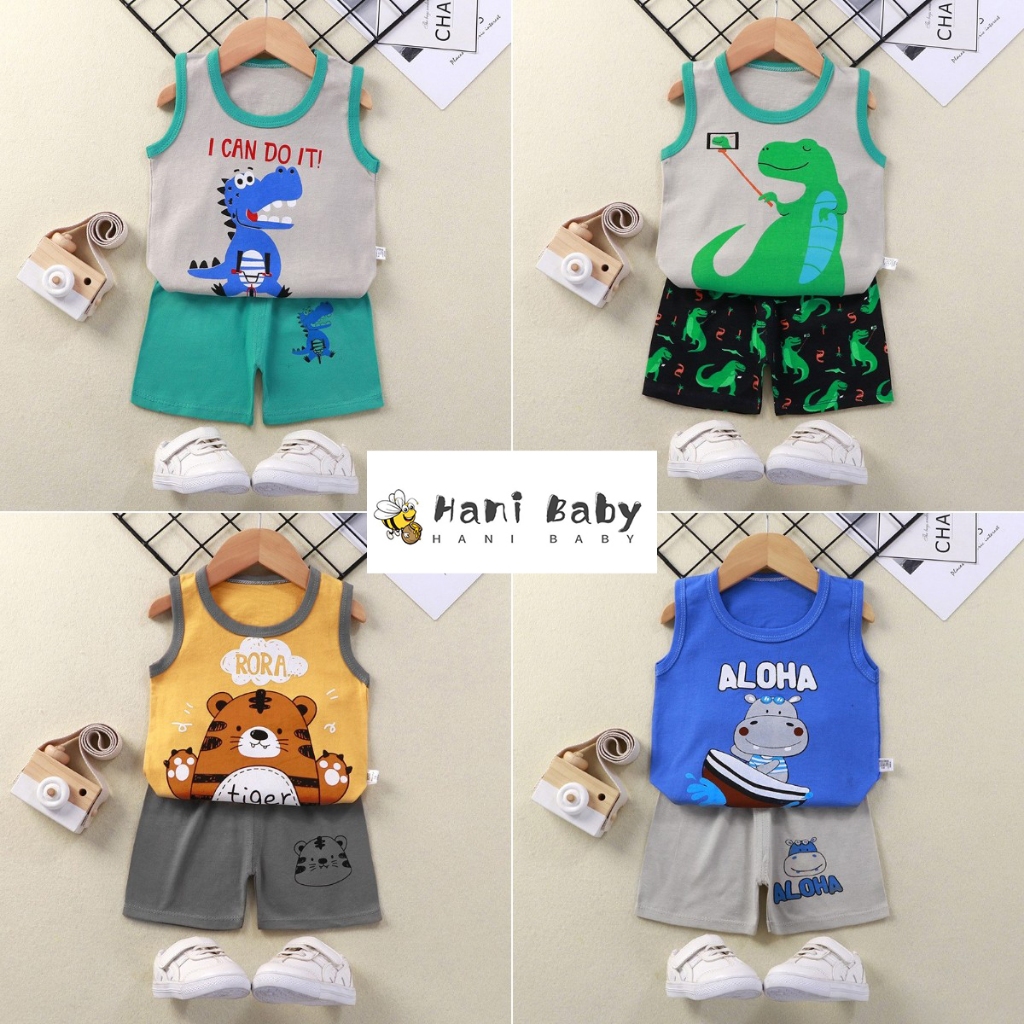 ชุดเสื้อกล้ามเด็ก เสื้อเเขนกุด +กางเกง ผ้าฝ้าย100% ทำขอบสีทูโทน ลายสัตว์น่ารัก ไซส์73-110
