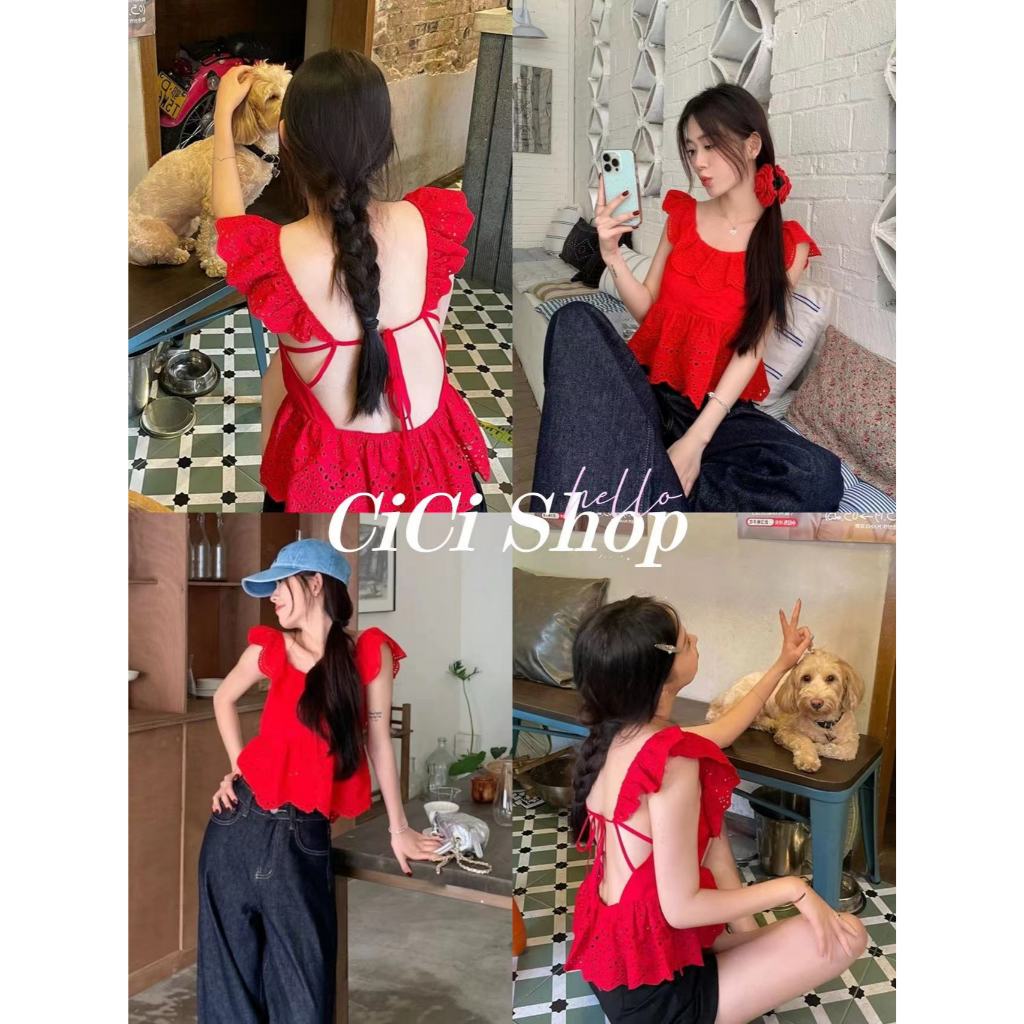 Cicishop(AR1058)เสื้อแขนกุด แต่งระบาย ด้านหลังเว้าพร้อมเชือกผูก สไตล์เกาหลี