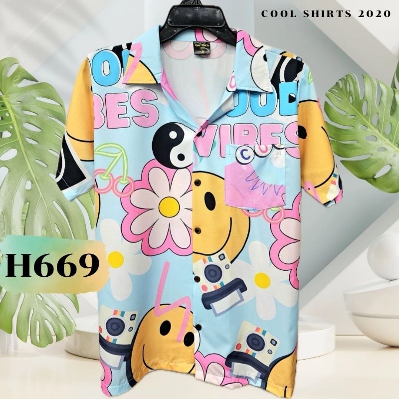 เสื้อฮาวาย ผ้าไหมอิตาลี อิโมจิสีพาสเทล H669