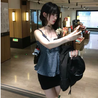 BY IRA พร้อมส่ง (23051) Piattern mini dres มินิเดรสสายเดี่ยวลายสก็อตสุดน่ารัก สม็อคหลัง