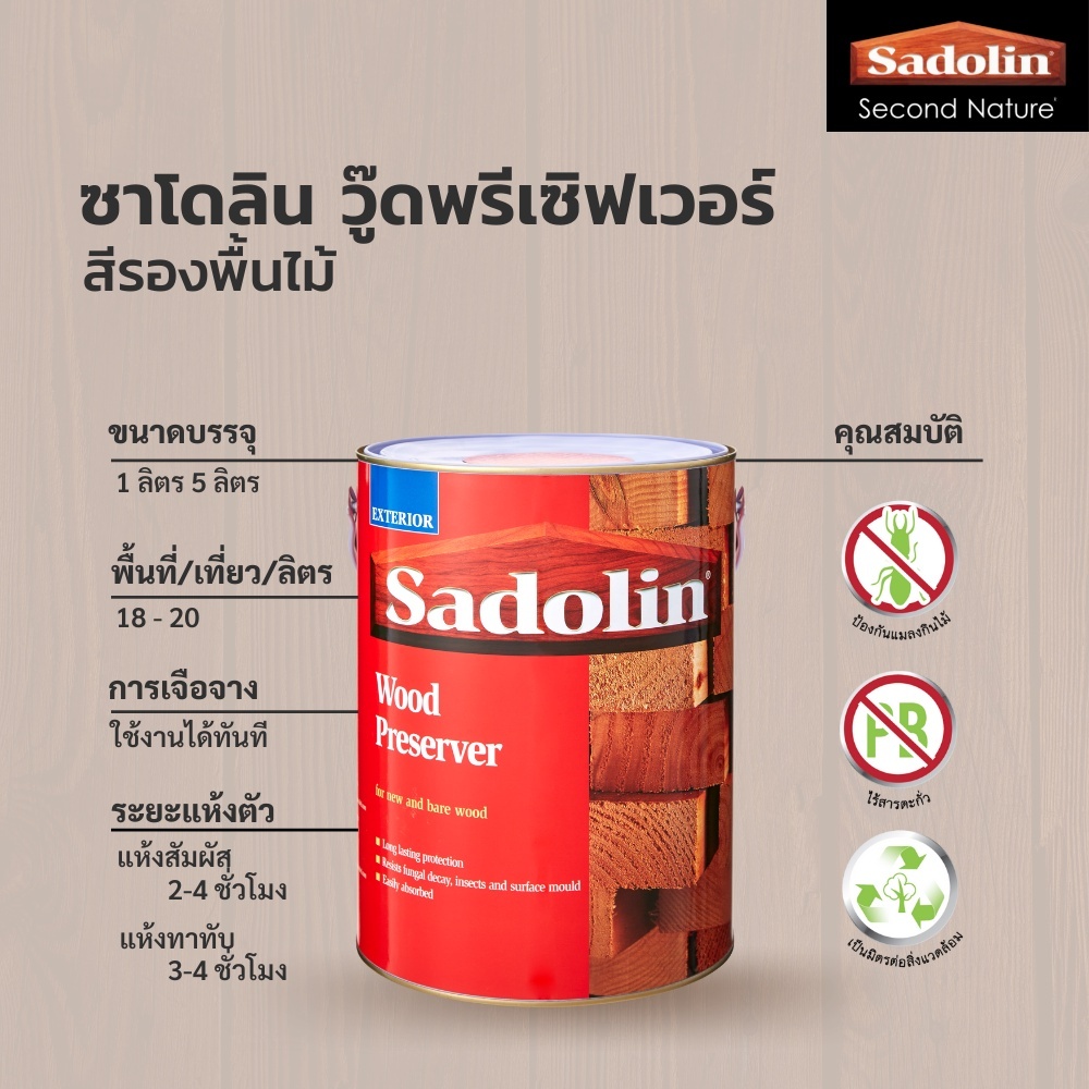 Sadolin Wood Preserver ซาโดลิน วู๊ดพรีเซิฟเวอร์ รองพื้นไม้ กันปลวก ปกป้องรักษาเนื้อไม้ ขนาด 5 ลิตร