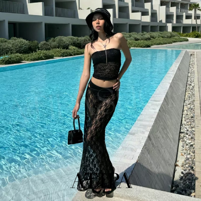 Atipashop - TIDA LONG SKIRT กระโปรงลูกไม้ ยาว ผ่าข้าง