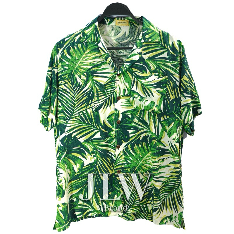 เสื้อฮาวาย ลายใบจั๋ง เขียวอ่อน ผ้านิ่ม M L XL Oversize คอฮาวาย JLW BRAND