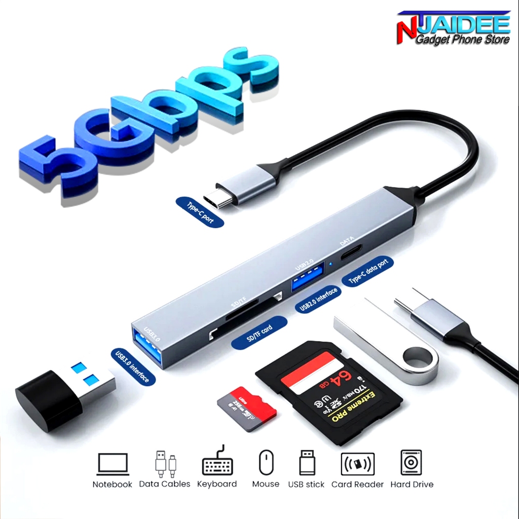 [แพ็คใน 30 นาที] 5 in 1 USB 3.0 Hub Splitter TypeC หน่วยความจำ SD TF Card Reader USB 2.0 USB C Data Transfer OTG Adapter