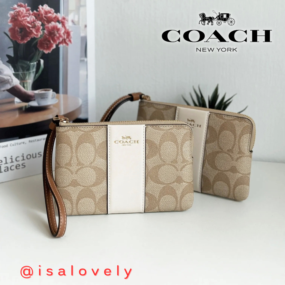 📌Isa Lovely Shop📌  COACH CR945 CORNER ZIP WRISTLET IN  SIGNATURE CANVAS   Color : IM / LIGHT KHAKI/C