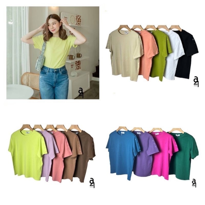 A21 เสื้อยืดแขนสั้น แต่งกระดุมแขนแมทช์สีผ้า แพทเทิร์นเก๋คะ ผ้า cotton งานป้าย
