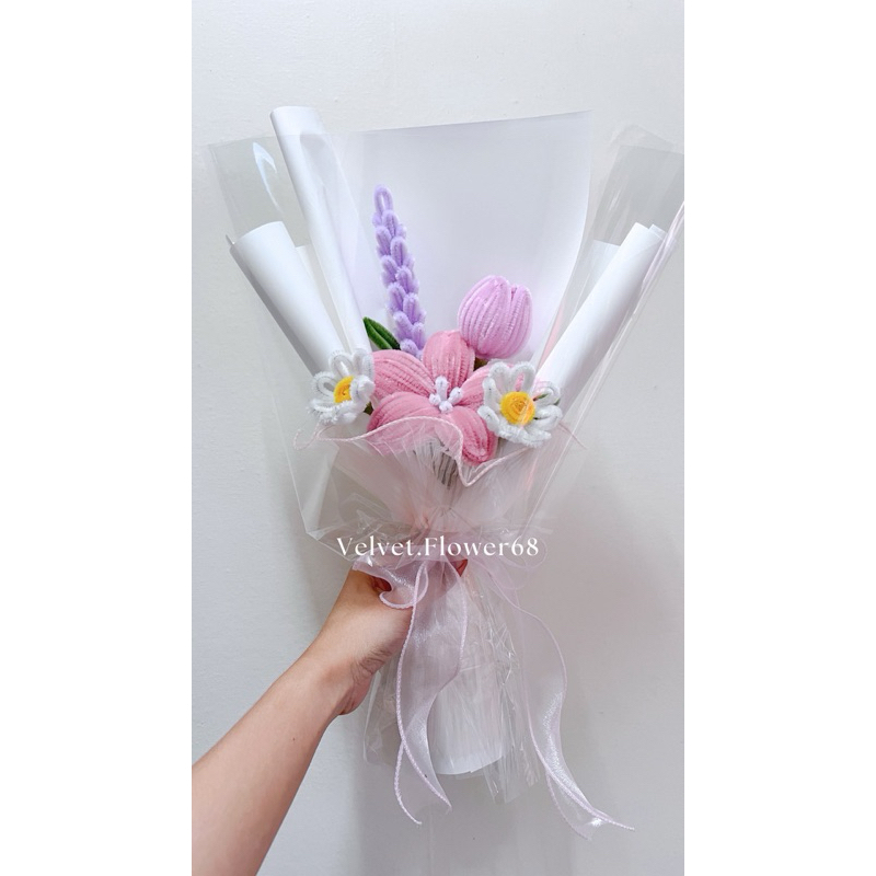 (พร้อมส่ง)🌺ช่อลิลลี่ชมพูพีชM ช่อดอกไม้ประดิษฐ์ลวดกำมะหยี่ โทนพาสเทล🫧