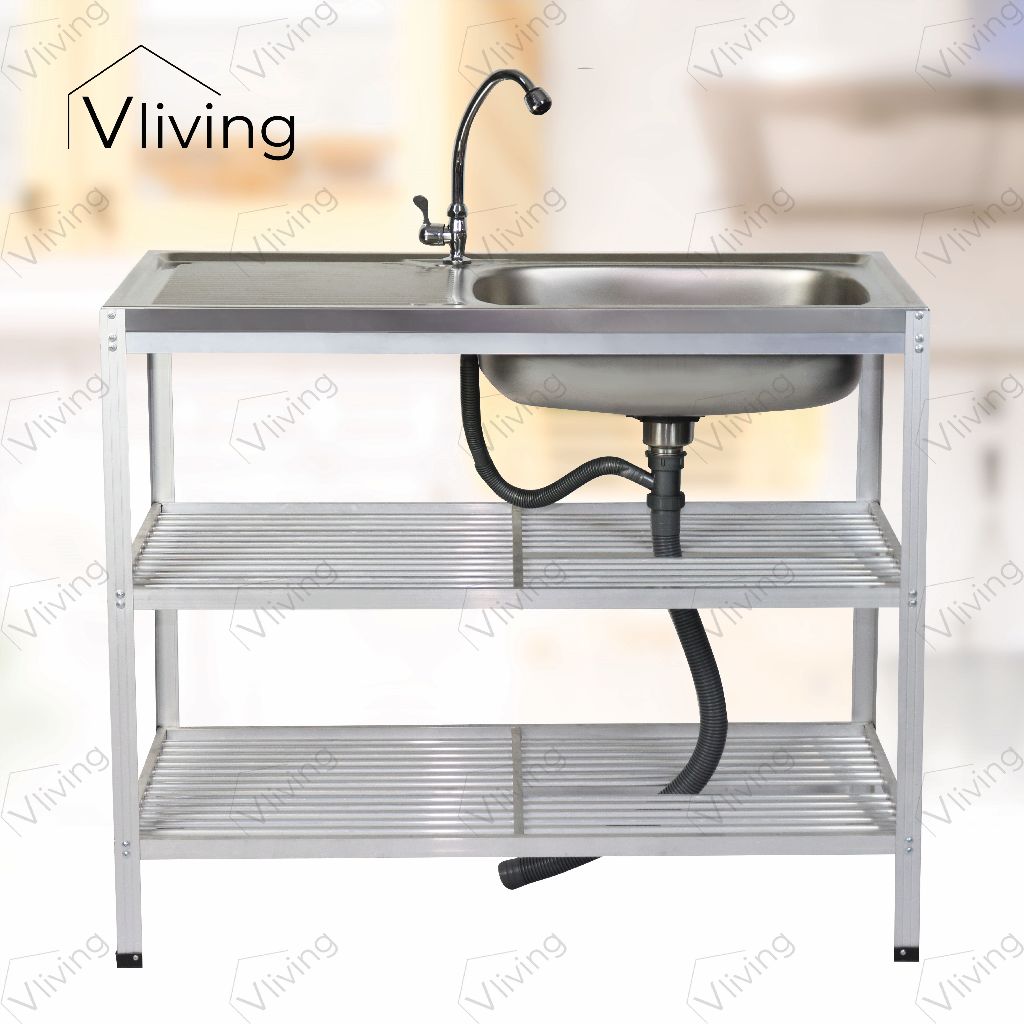 Vliving ซิ้งค์ล้างจาน อ่างล้างจาน สแตนเลส 3 ชั้น 100cm สะดือตะกร้าใหญ่