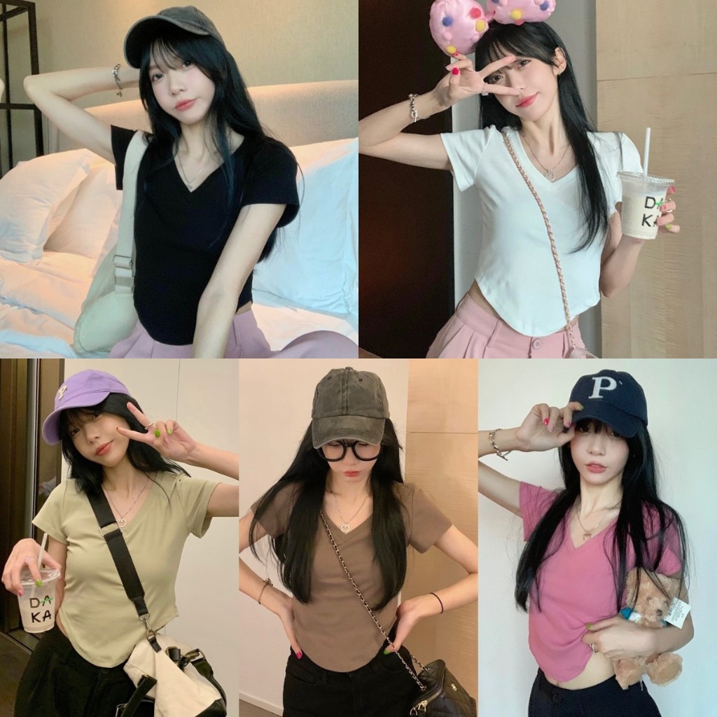 เสื้อยืดเเขนสั้น เสื้อยืดคอวี ปลายทรงยู มีหลายสีให้เลือก ผ้ายืดได้ #112157