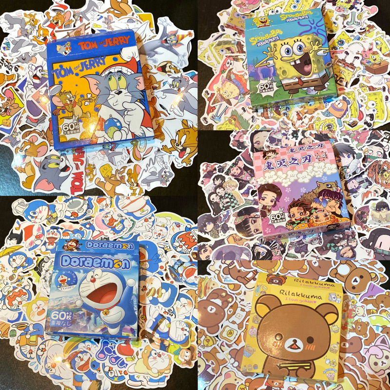 cutiepie-(พร้อมส่ง)สติ๊กเกอร์กล่องลายการ์ตูน60แผ่น กันน้ำ ลายไม่ซ้ำ ลายทอมเจอรี่ spongebob rilakkuma โดเรม่อน ดาบพิฆาต