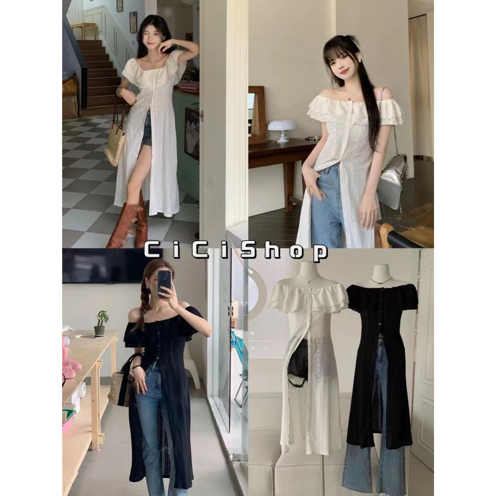 Cicishop(03-6)เสื้อไหมพรมยาว ปาดไหล่ ดีเทลระบายไหล่ กระดุมหน้า สไตล์สาวเท่