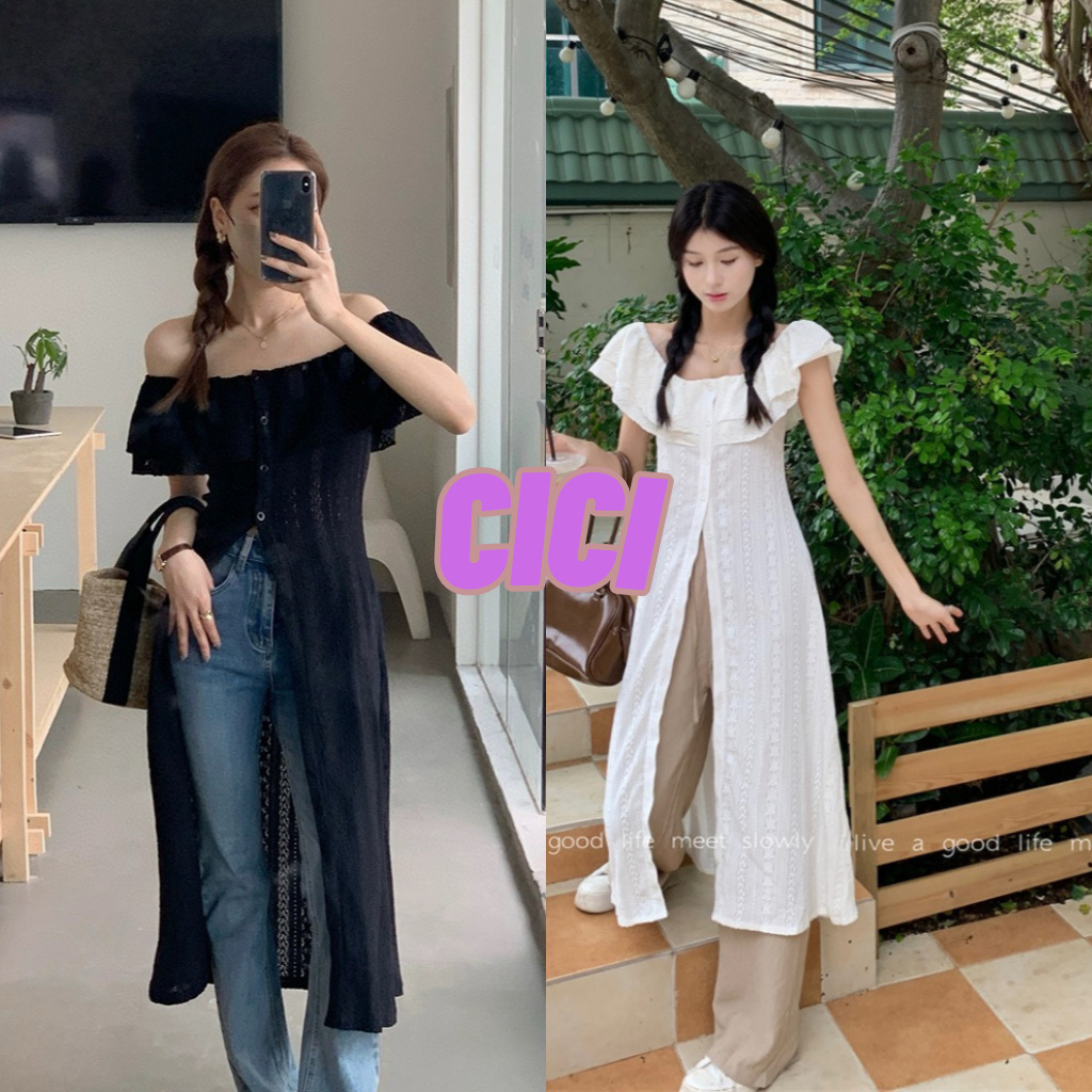 ส่งทันที Cici(NO. 03-6)เสื้อไหมพรมยาว ปาดไหล่ ดีเทลระบายไหล่ กระดุมหน้า สไตล์สาวเท่