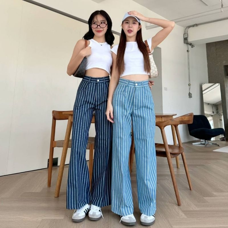 Q.Queen Denim Pants กางเกงขากระบอกเอวสูง ลายริ้ว ผ้าคอตตอนยีนส์