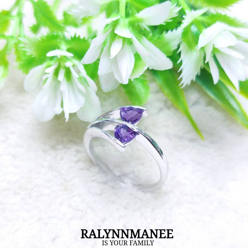 G6450 แหวนพลอยอเมทิสต์แท้ ( Natural Amethyst )  ตัวเรือนเงินแท้925 ชุบทองคำขาว ไซส์58 แก้ไซส์ฟรี