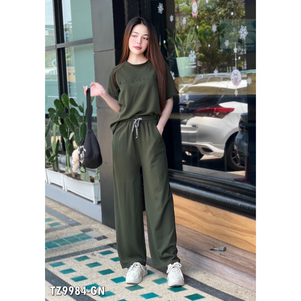 6 colors ชุดเซ็ท ผู้หญิง เสื้อ+กางเกงขายาว ไซส์ใหญ่ เสื้อยืดปักลายตัวอักษรนูน แฟชั่นผู้หญิงสไตล์เกาหลี เสื้อยืดลายTZ9984 - รูปที่ 3