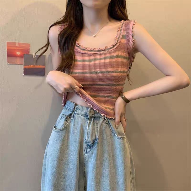 Vogue🌟พร้อมส่ง🌟 เสื้อกล้ามคอเหลี่ยมลายสายรุ้งเซ็กซี่ มีสไตล์และดูดี (65CX02)
