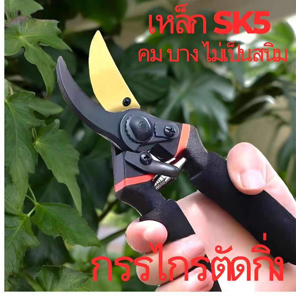 กรรไกรตัดแต่งกิ่ง ผลืตจากเหล็กSK5 ด้ามกันลื่น ขนาด 8.5 นิ้ว สปริง ลดแรงกด น้ำหนักเบา ใบมีดเคลือบสารป้องกันสนิม มี2รุ่น