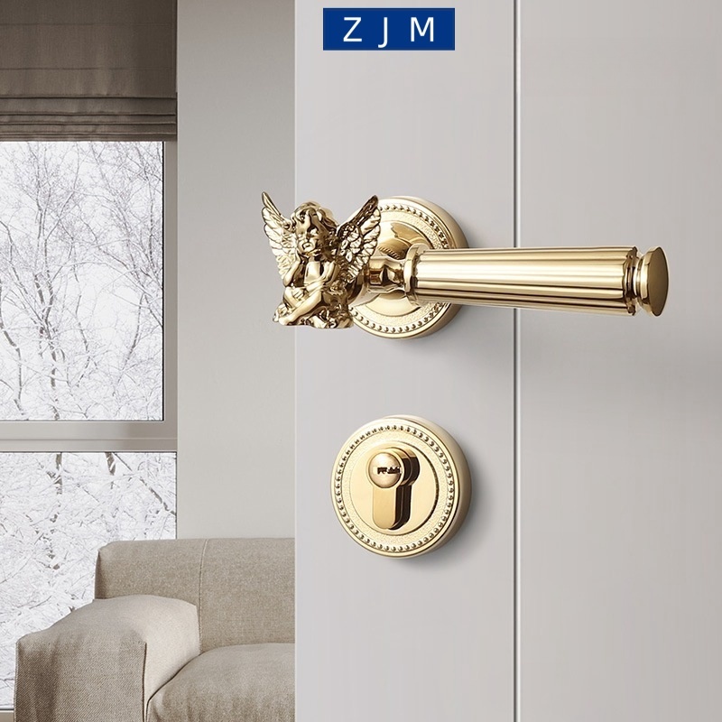 ล็อคประตูภายใน Silent Lock ประตูไม้ฝรั่งเศสสีทองมือจับประตูหรูหราเบาห้องนอนบ้านประตูแม่เหล็กดูดแยกล็อค