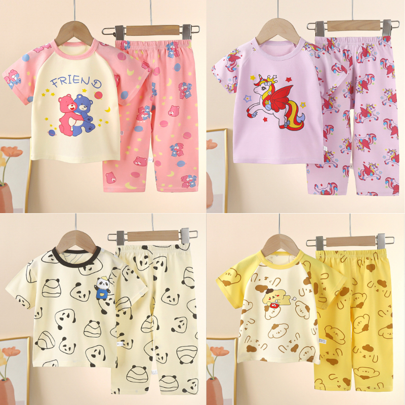 ชุดเซ็ทเสื้อผ้าเด็ก แขนสั้น+ขายาว ลายน่ารัก ใส่นอนได้ ผ้าเบาสบาย