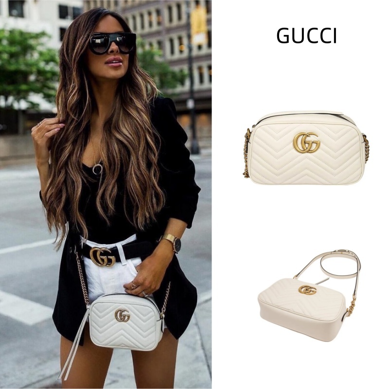 GUCCI GG MARMONT กระเป๋าสะพายใบเล็ก/โลโก้ป้ายทอง/กระเป๋าสะพายหนัง/กระเป๋ากล้อง/กระเป๋าผู้หญิง/สีขาว
