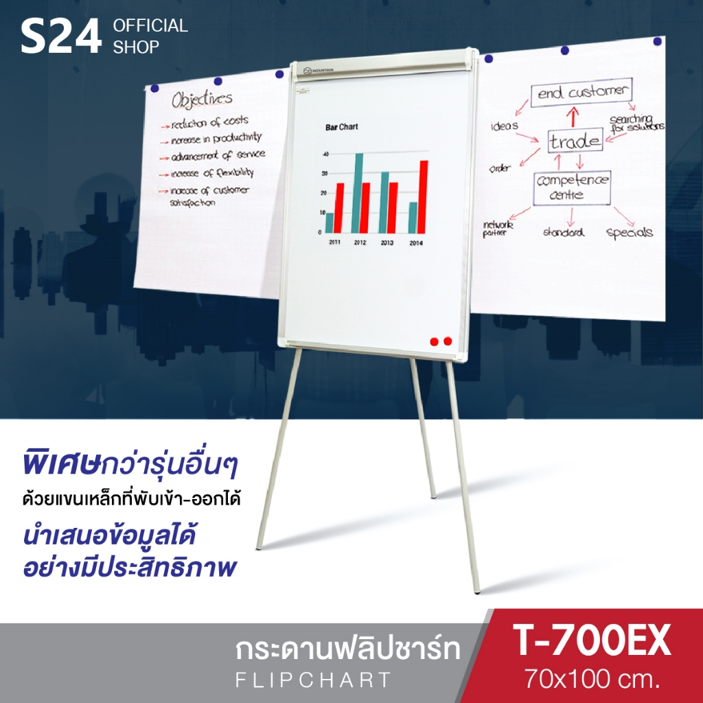 MOUNTAIN กระดานฟลิปชาร์ท แบบสามขา มีแขนเหล็ก รุ่น T700-EX Flipchart กระดานไวท์บอร์ดขาตั้ง กระดานไวท์บอร์ดแม่เหล็ก