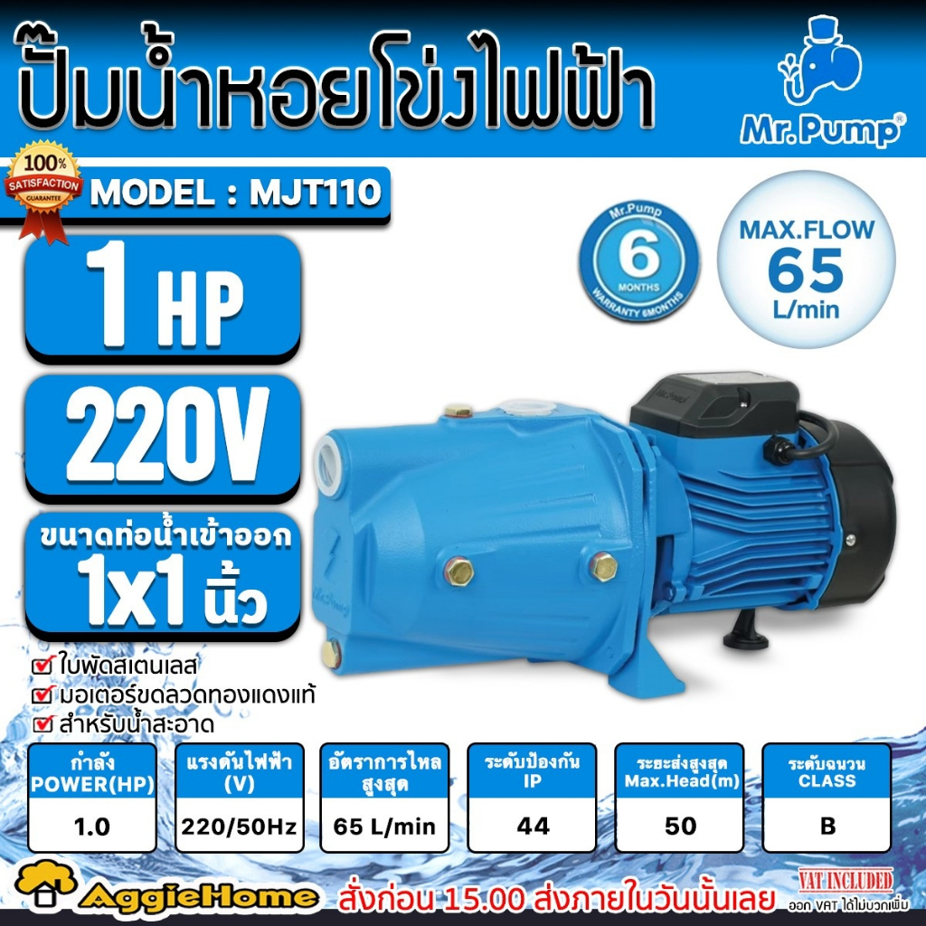 MR.PUMP ปั๊มน้ำไฟฟ้า ปั๊มหอยโข่ง แบบเจ็ทเดี่ยว รุ่น MJT110 กำลัง 1HP / ท่อออก 1"x 1" / 220V. ใบพัดสแตนเลส สูบน้ำ
