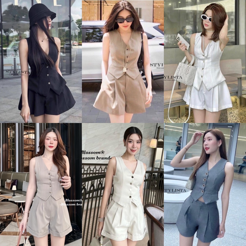 พร้อมส่ง STYLISTA เซตเสื้อเเขนกุดกระดุมหน้า กางเกงขาสั้น สวยเรียบหรูดูดี สีขาว ดำ เทา น้ำตาล ครีม