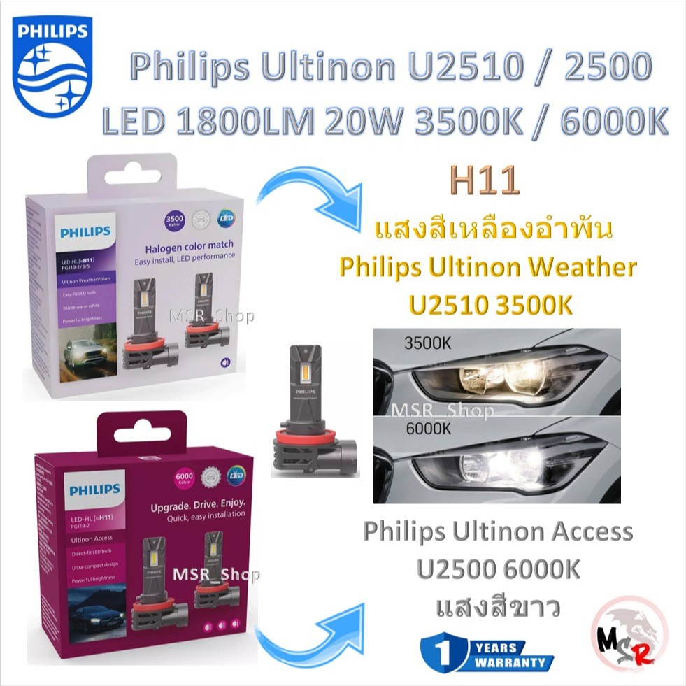 Philips หลอดไฟหน้ารถยนต์ LED Ultinon Weather Vision U2510 3500K / Access U2500 6000K 1800LM H11